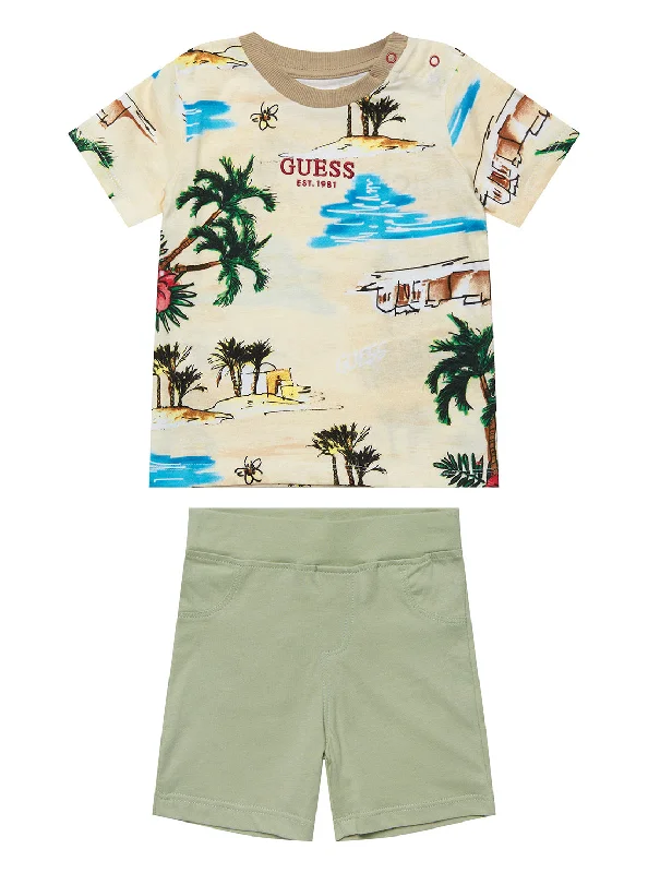 Beige Desert T-Shirt and Green Shorts Set (0-12M)