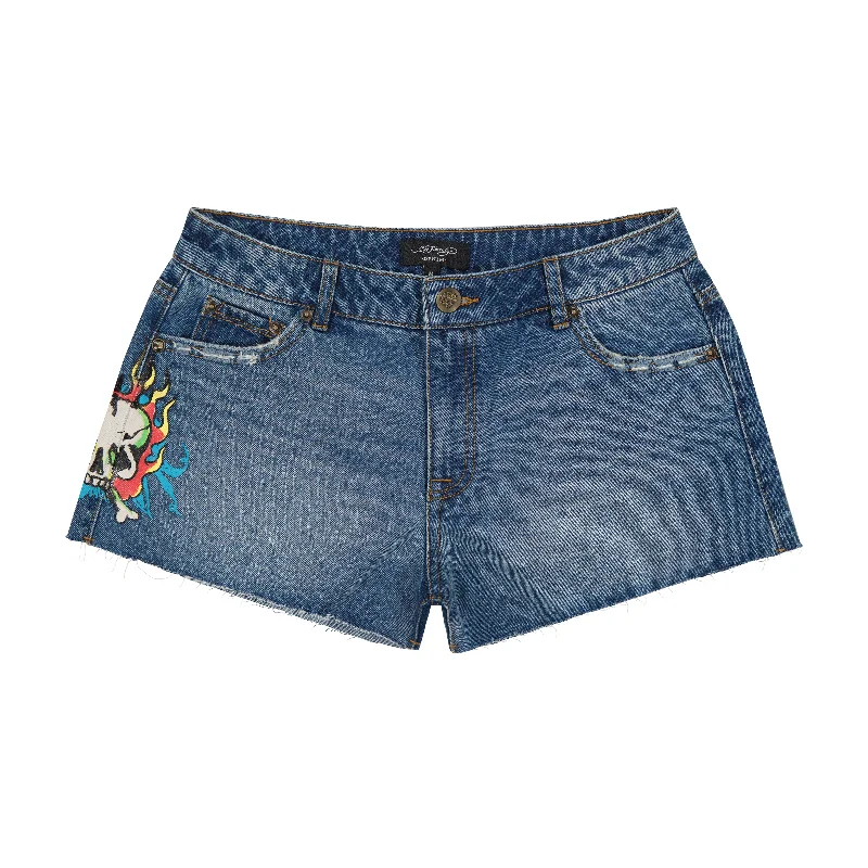 Flame Skull Denim Shorts