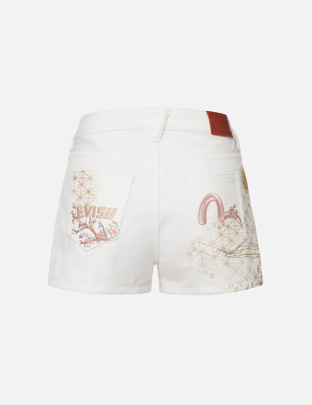 Sakura Motif and Logo Embroidery Denim Shorts