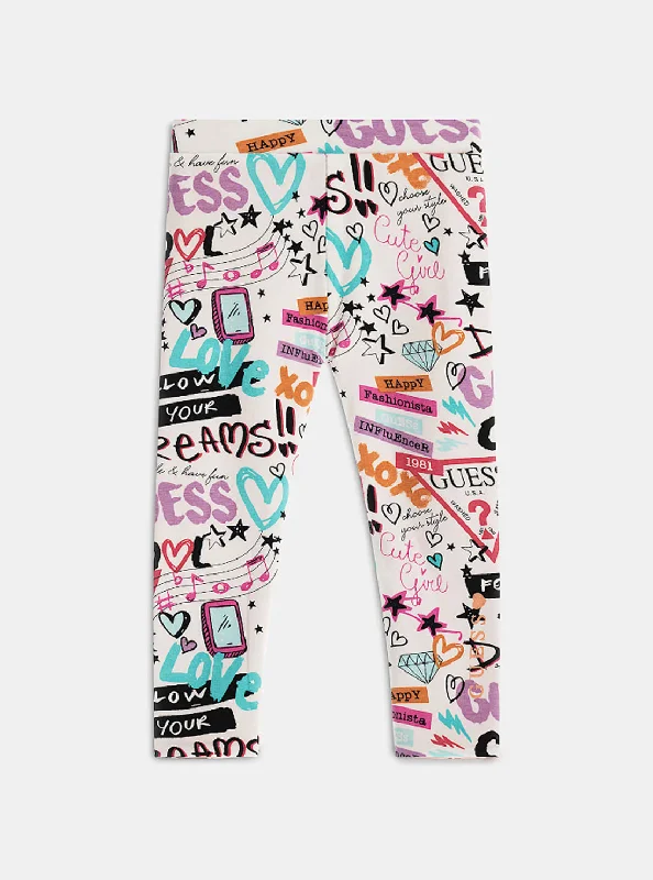 White Graffiti Print Logo Reversible Leggings (2-7)