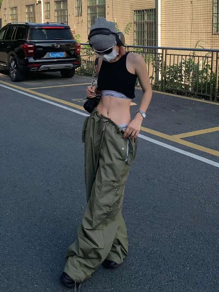 Army Green Low Rise Parachute Women Cyber Y2K Vintage Joggers Pant