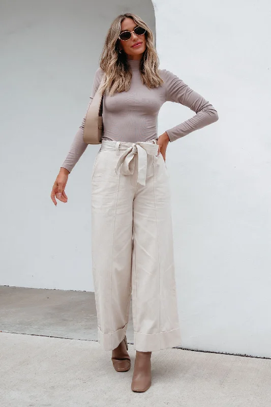 Belted Wide Leg Cuffed Pants - Natural