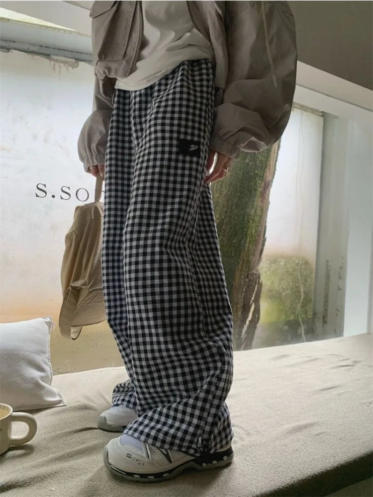 Black White Plaid Women Harajuku Streetwear Oversize Wide Leg Pant