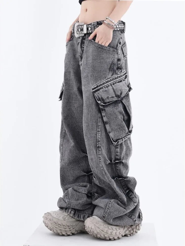 Grunge Cargo Women Wide Baggy Vintage Oversize Denim Distressed Pant