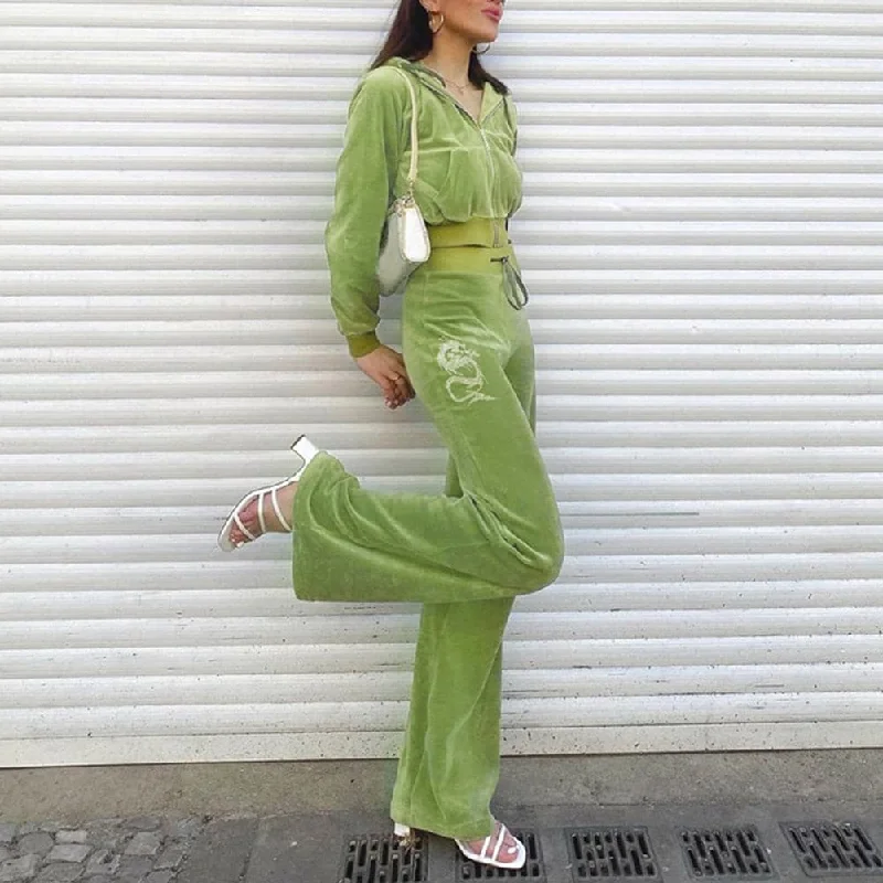 DressBetty - Harajuku Green Velvet Casual Baggy WideLeg Pants