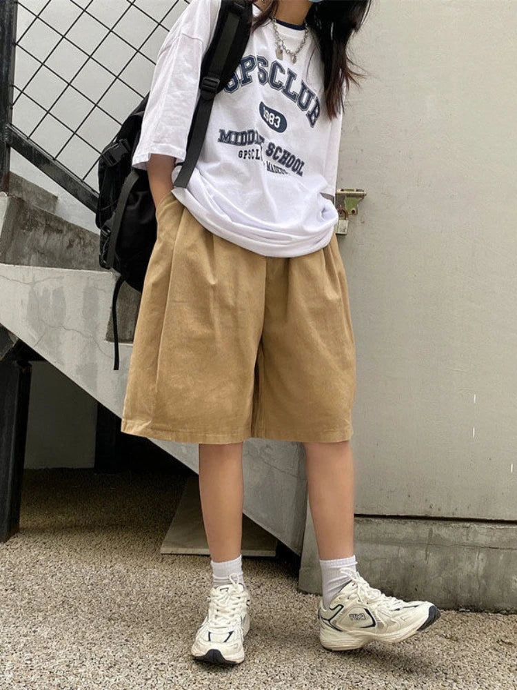 Harajuku Oversize Khaki Cargo Shorts Japanese Style Streetwear Wide Leg Black Pant