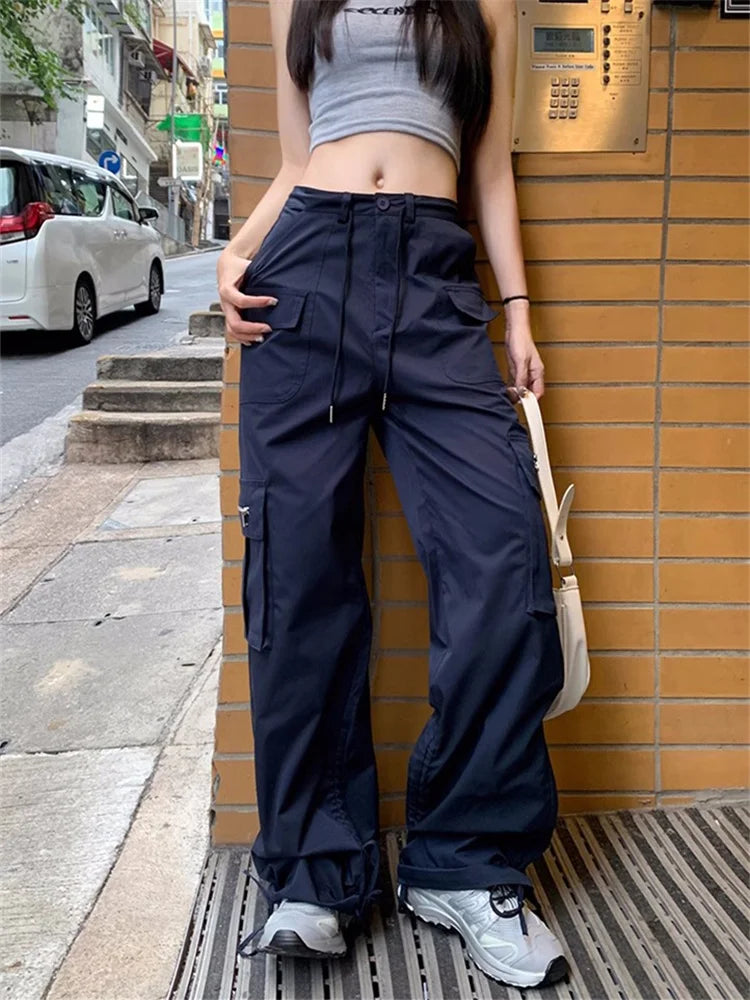 Korean Style Drawstring Sweatpants Y2K Vintage Navy Blue Oversized Streetwear Pant