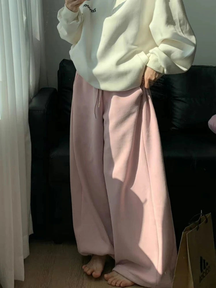 Korean Style Pink Fleece Sweatpants Y2K Vintage Winter Thick Harajuku Warm Pant