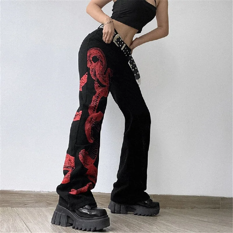 DressBetty - Low Waist Hippie Jeans Long Trousers Women Drawstring Ruched Flare Pants Skin Friendly Comfortable Dark Weird Puss