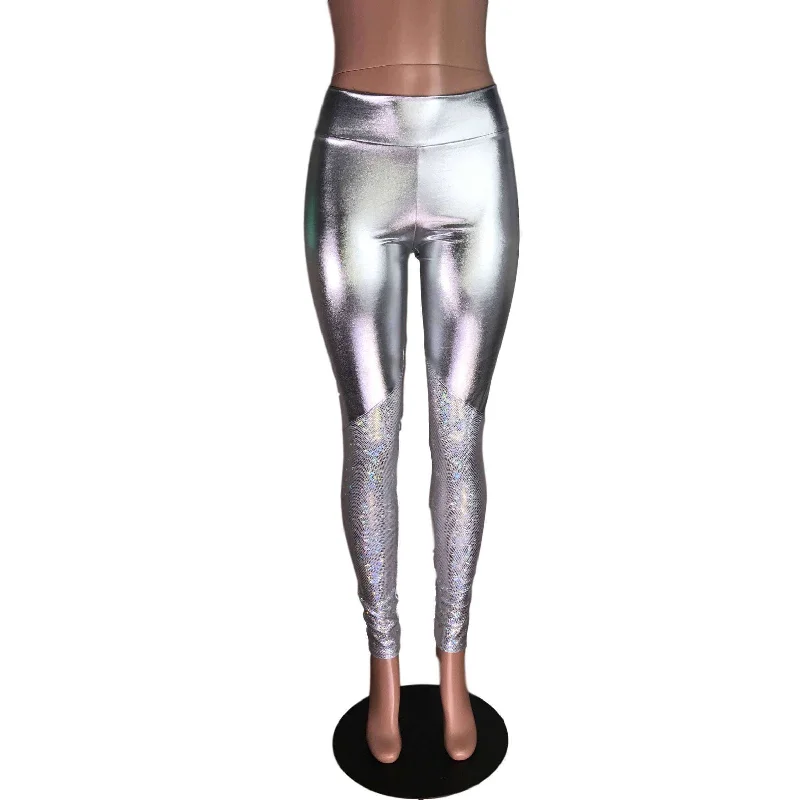 Metallic Silver and Shattered Glass Mid-Rise Leggings Pants