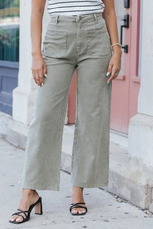 Neutral High Waisted Wide Leg Pants - Olive