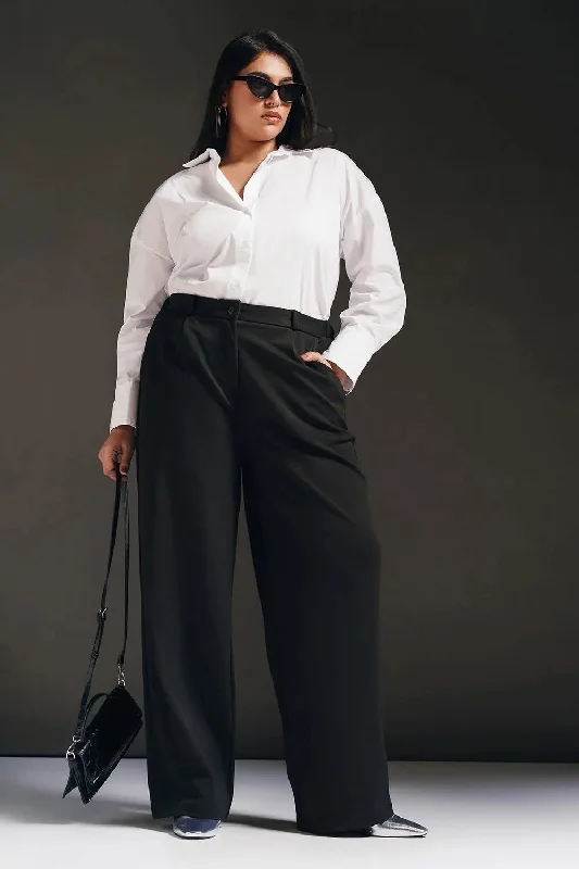 Polished Black Curve Textured Korean Pants