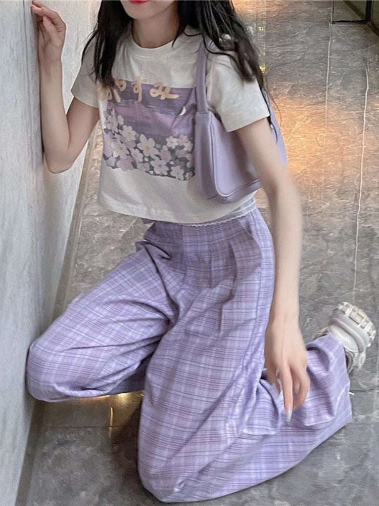 Purple Plaid Women Kawaii Soft Girl Oversize Wide Leg Checked Pant