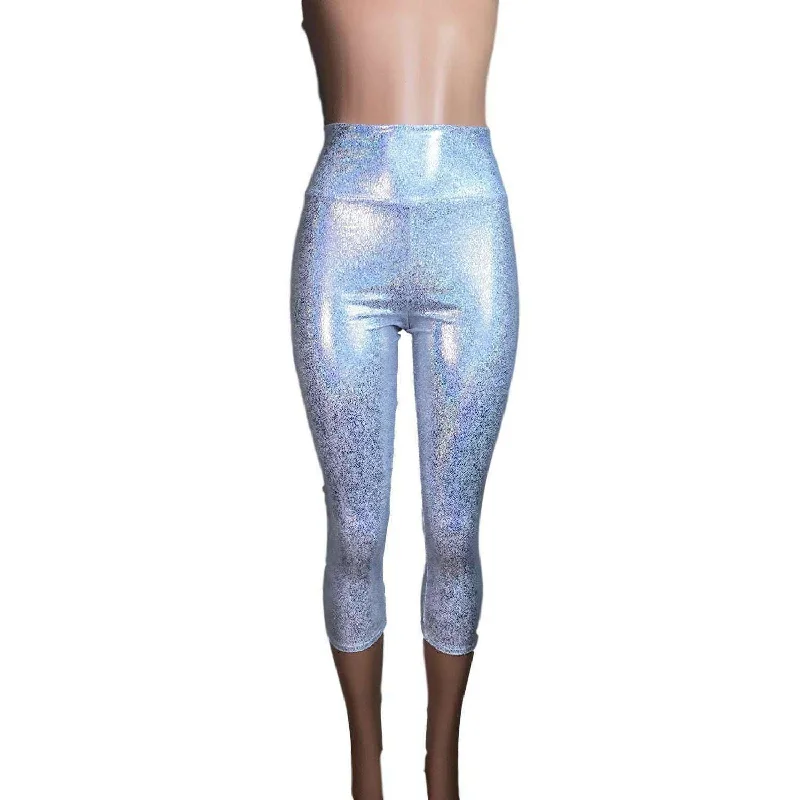 Silver Holographic Cropped Capri Leggings Pants