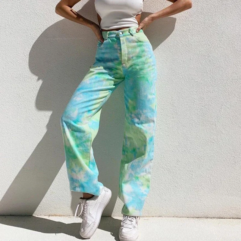 DressBetty - Streetwear Summer Rainbow Tie Dye Printed Jeans High Waist Straight Gradient Loose Denim Pants Y2K Wide Leg Jean Denim Trousers