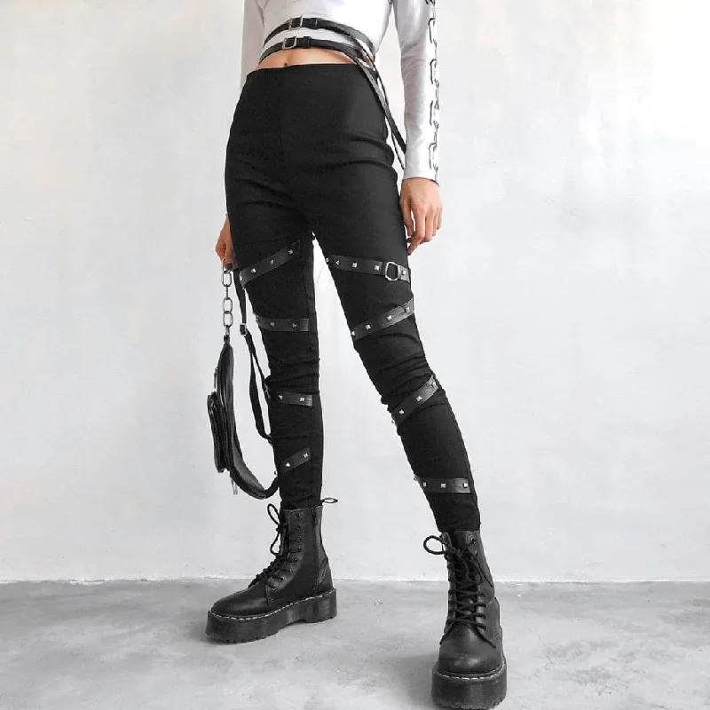 DressBetty - Women Pants Solid Gothic Punk Casual Loose Elastic Trousers Harajuku Pockets Rivet Full Pants